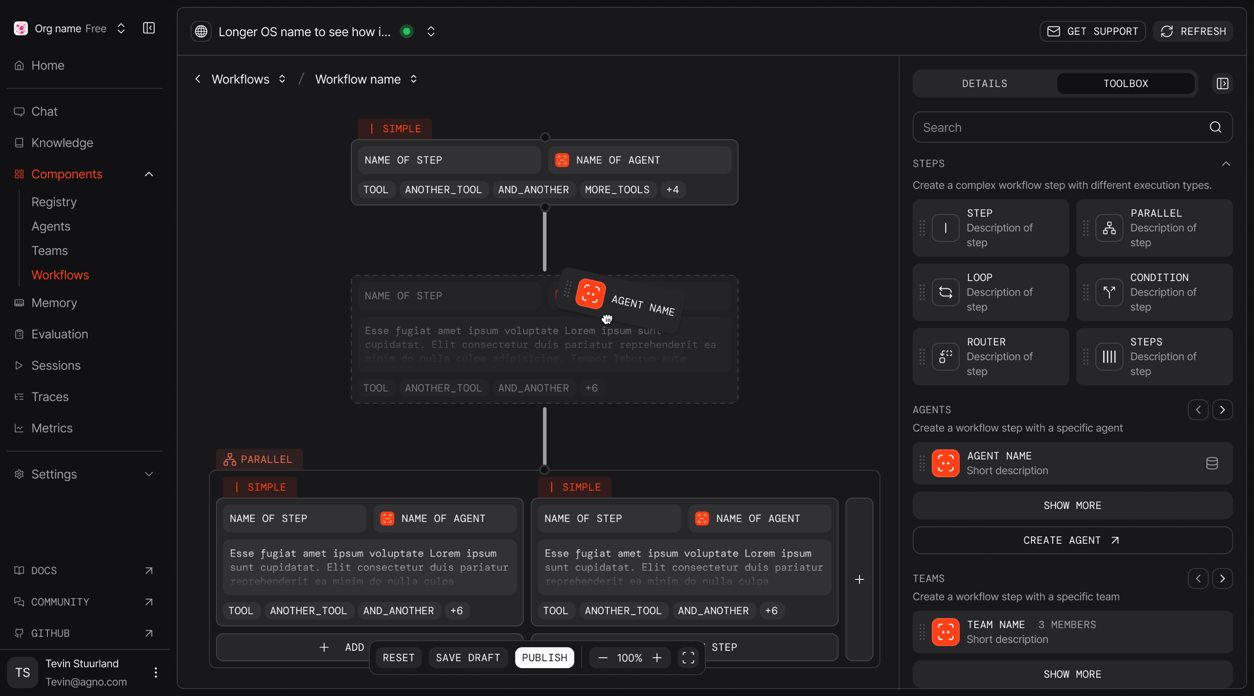 The Agno control plane, with a workflow open on the canvas and its steps listed in the toolbox