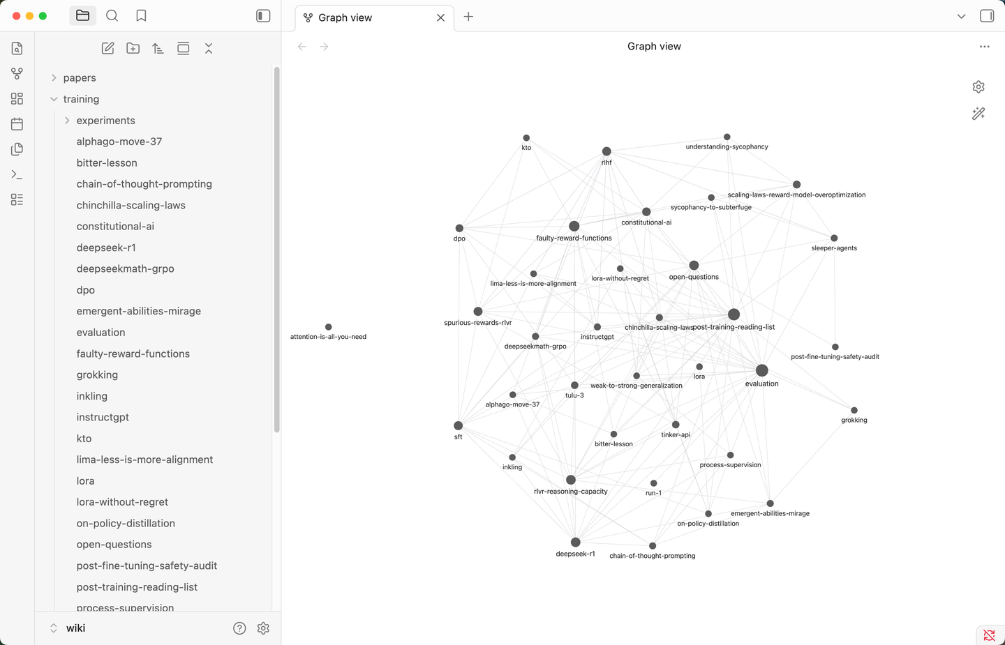 RL Tutor's post-training wiki open as an Obsidian graph